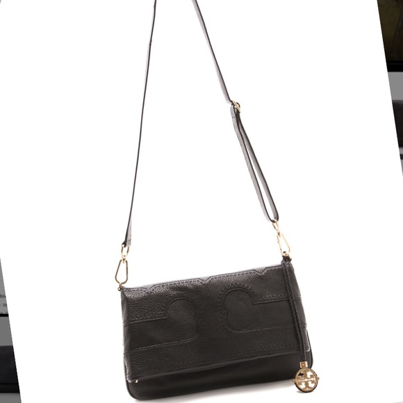 Tory Burch Amalie black fold over messenger black pebbled leather bag - Picture 5 of 16